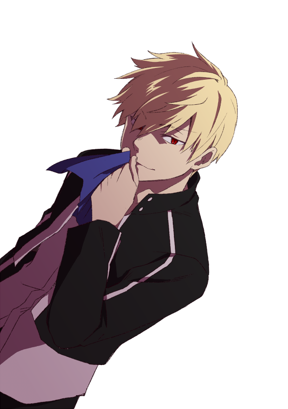 1boy black_jacket blonde_hair commentary_request dutch_angle fate/stay_night fate_(series) gilgamesh_(fate) gilgamesh_(immoral_biker_jacket)_(fate) hair_over_one_eye holding holding_ribbon jacket male_focus moonlight_0423 red_eyes ribbon smile solo
