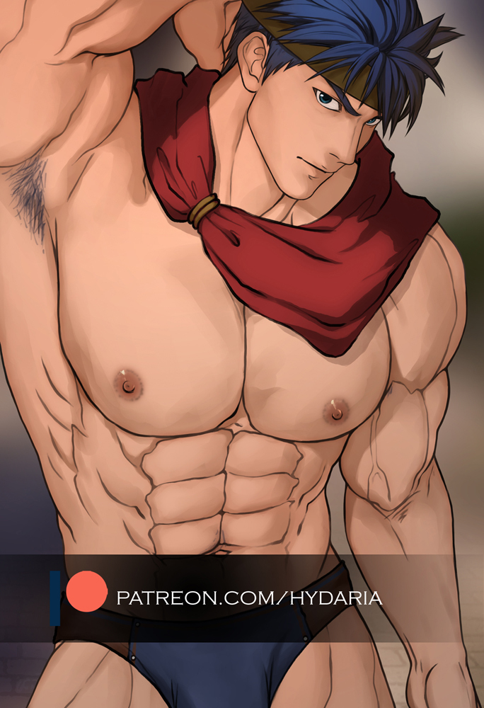 1boy abs alternate_pectoral_size armpit_hair armpits arms_behind_head bara blue_male_underwear briefs brown_male_underwear bulge cowboy_shot fire_emblem fire_emblem:_path_of_radiance headband hydaria ike_(fire_emblem) large_pectorals looking_at_viewer male_focus male_underwear multicolored_male_underwear muscular muscular_male navel nintendo nipples paid_reward_available pectorals presenting_armpit short_hair sideburns solo stomach topless_male underwear veins veiny_arms watermark
