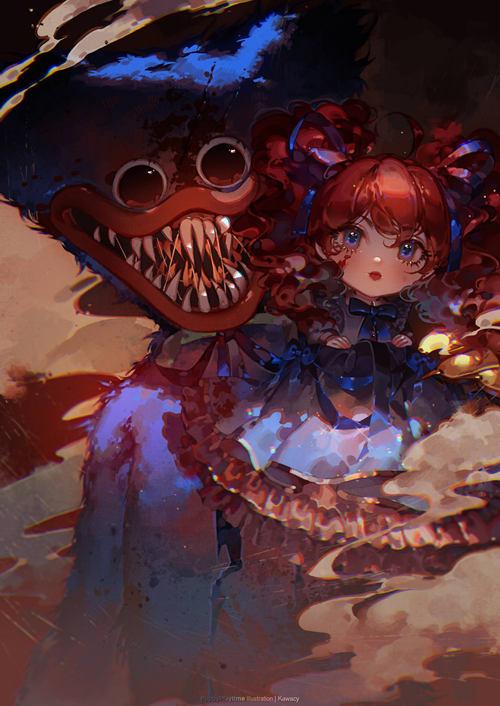 1girl ahoge animification black_eyes blue_bow blue_bowtie blue_eyes blue_ribbon bow bowtie brown_background commentary_request dress hair_ribbon heart heart_tattoo huggy_wuggy kawacy long_hair looking_at_viewer monster neck_ribbon open_mouth pink_dress poppy_playtime poppy_playtime_(character) red_background red_hair ribbon sharp_teeth tattoo teeth twintails