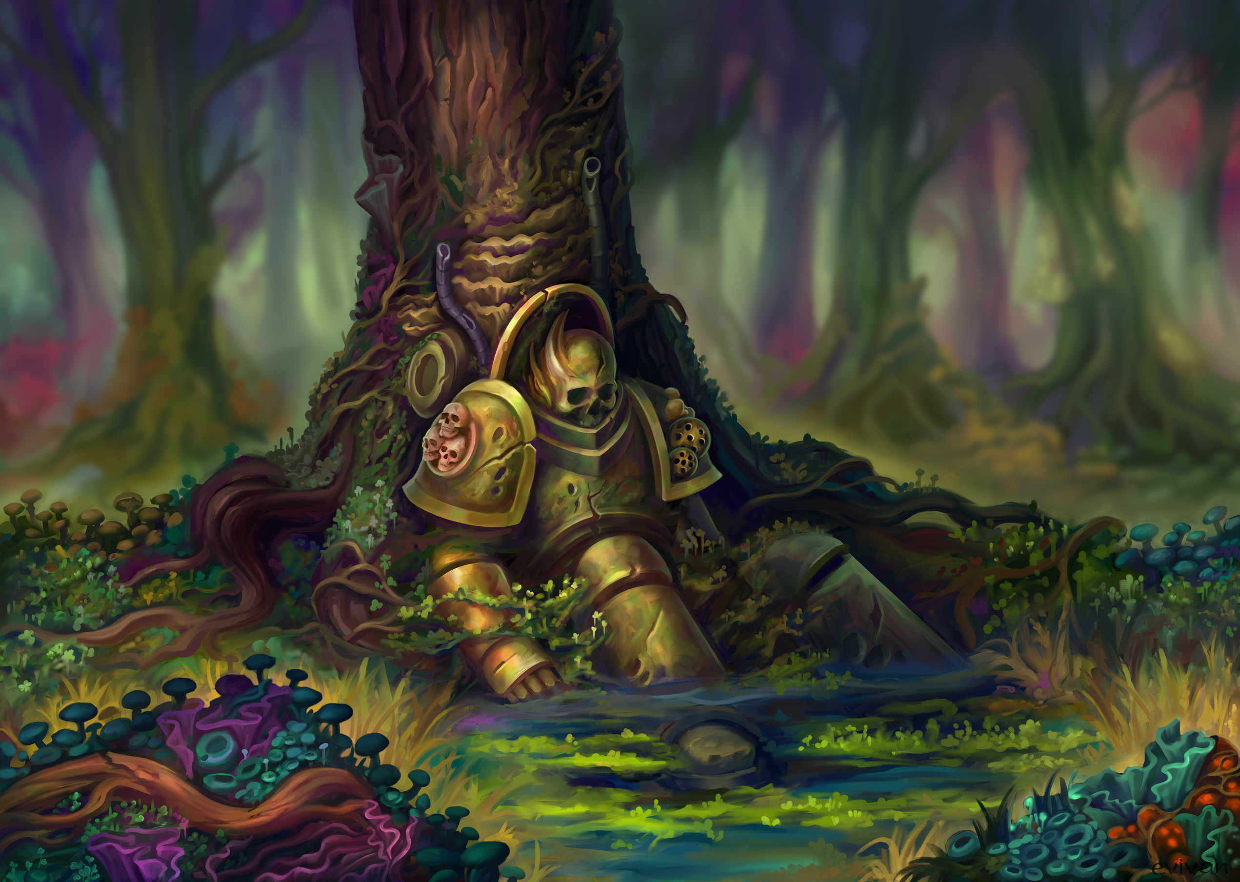 1boy adeptus_astartes armor armored_boots blurry blurry_background boots bush chaos_(warhammer) chaos_space_marine corpse cracked_armor cracked_skull death_guard evivan forest grass green_armor highres in_water leaf leaning_on_object male_focus moss mushroom nature no_headwear nurgle_(symbol) ooze partially_submerged pauldrons plant plant_roots power_armor rust shallow_water shoulder_armor skeleton skull skull_ornament tree tube warhammer_40k water wetland