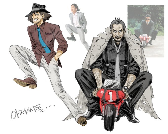 ace_attorney ace_attorney_investigations ace_attorney_investigations_2:_prosecutor&#039;s_gambit afro black_eyes black_hat black_pants black_shirt blue_necktie brown_hair brown_shirt brown_shoes coat coat_on_shoulders cowlick eddie_fender facial_hair fedora grey_coat grin hair_slicked_back hands_in_pockets hat korean_text leg_up lollipop_in_mouth male_focus necktie pants photo-referenced photo_inset reference_inset riding_tricycle shirt shoes sleeves_rolled_up smile torn_clothes tyrell_badd watch white_pants wristwatch