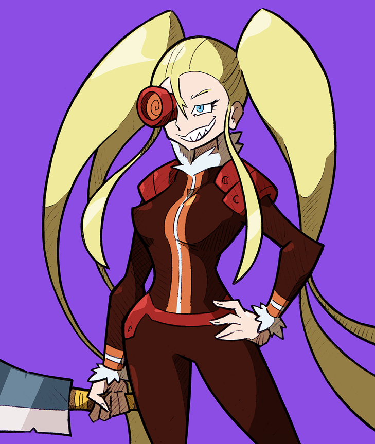 00s 10s 1girl blonde_hair cleaver cosplay creator_connection female_focus grin hakodate_omiko hand_on_own_hip kill_la_kill long_hair purple_background scope sharp_teeth shenanimation smile solo teeth tengen_toppa_gurren_lagann trait_connection twintails viral_(cosplay) viral_(ttgl)