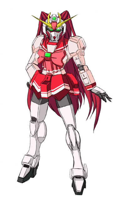 1990s_(style) arm_at_side armor bow full_body g_gundam green_eyes gundam gundam_girl hand_on_own_hip jaeger kousaka_tamaki legs_apart long_hair looking_at_viewer mecha mechanization no_humans nobel_gundam parody pink_bow retro_artstyle robot simple_background standing straight_hair to_heart_(series) to_heart_2 twintails very_long_hair white_background