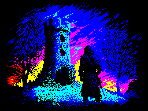 1other bare_tree battlement building cloak commentary door english_commentary from_behind helpcomputer0 high_contrast hill hilt hood hood_up hooded_cloak limited_palette medieval original outdoors pixel_art rubble scenery silhouette solo standing star_(sky) stone_wall sword tower tree twilight walking wall weapon wide_shot window