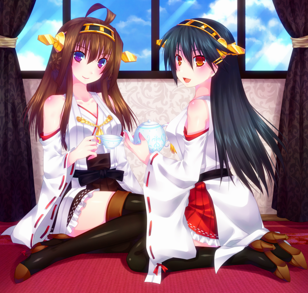 10s 2girls ahoge bad_id bad_pixiv_id black_hair brown_hair cup detached_sleeves door_to_heaven hairband haruna_(kancolle) japanese_clothes kantai_collection kongou_(kancolle) long_hair looking_at_viewer multiple_girls nontraditional_miko open_mouth orange_eyes purple_eyes siblings sisters sitting smile teacup teapot thighhighs wide_sleeves