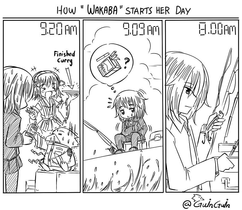 &gt;_&lt; +++ 1boy 2girls =_= admiral_(kancolle) arrow_(symbol) bare_shoulders bird blazer cigarette english_text fishing fishing_lure fishing_rod gloom_(expression) greyscale guin_guin hairband hiei_(kancolle) jacket kantai_collection medium_hair monochrome multiple_girls necktie non-human_admiral_(kancolle) nontraditional_miko penguin short_hair sitting skirt spoken_object wakaba_(kancolle)