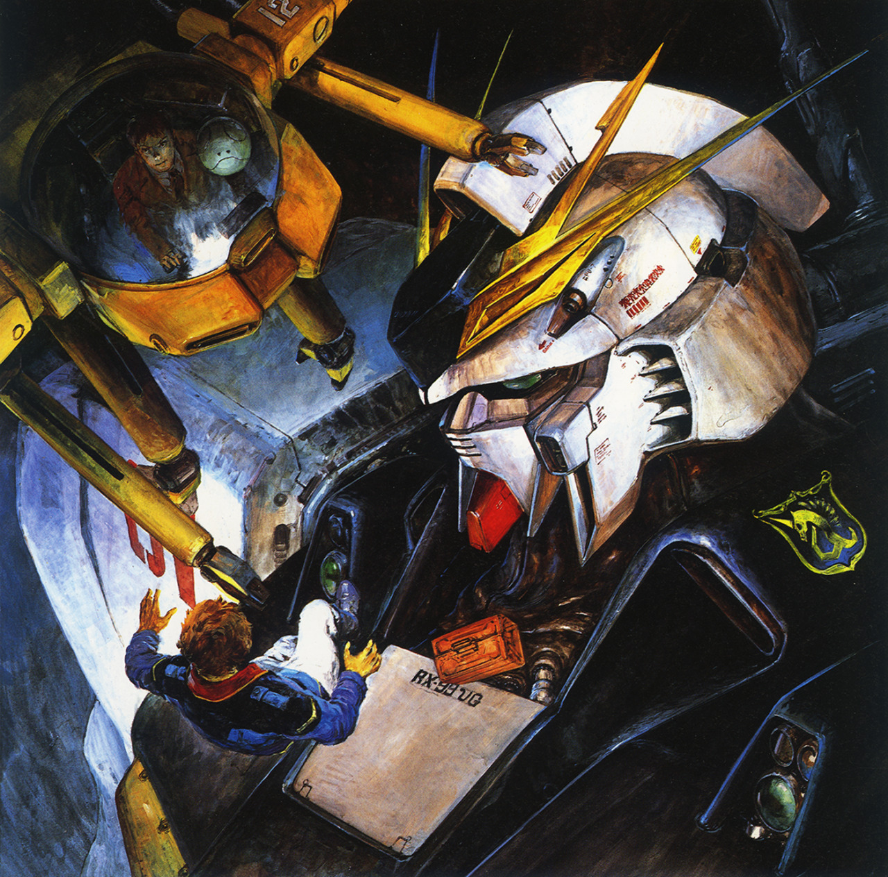 1980s_(style) 2boys amuro_ray box char's_counterattack cockpit gundam hangar haro hathaway_noa highres killmark light machinery mecha military mobile_suit multiple_boys necktie nu_gundam oldschool painting_(medium) pincers realistic retro_artstyle robot scan science_fiction takani_yoshiyuki toolbox traditional_media unicorn uniform