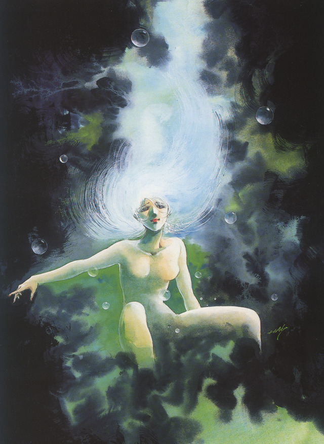 1980s_(style) 1girl breasts cyberpunk energy glowing green_hair hologram looking_at_viewer megazone_23 mikimoto_haruhiko nebula nude oldschool orb painting_(medium) production_art promotional_art red_lips retro_artstyle reveal sad scan science_fiction signature space spoilers tokimatsuri_eve traditional_media