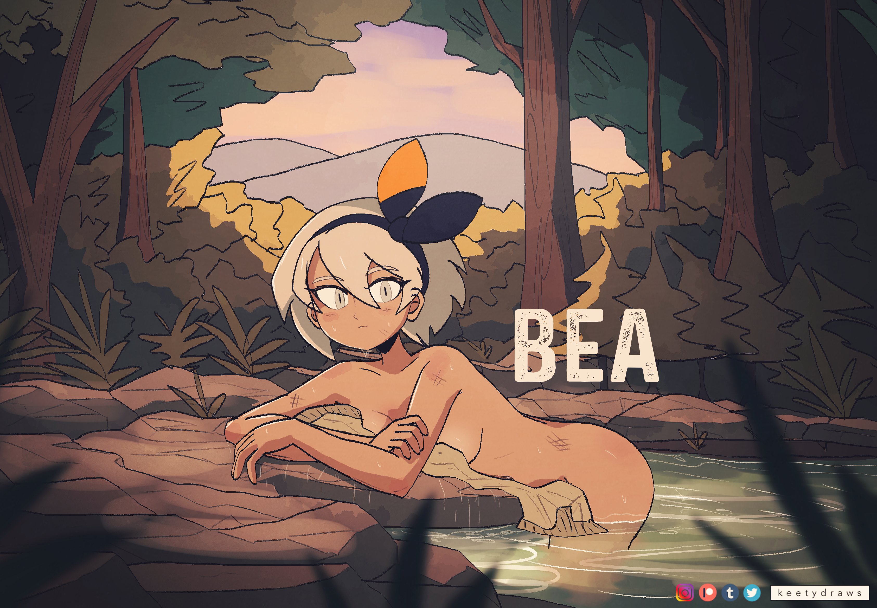 1girl absurdres artist_name ass bathing bea_(pokemon) black_bow black_hairband black_ribbon blurry blurry_foreground blush bob_cut bow brown_eyes character_name closed_mouth collarbone commentary completely_nude convenient_censoring crossed_arms dark-skinned_female dark_skin dirty dripping dusk english_commentary expressionless foliage forest game_freak hair_between_eyes hair_bow hair_ribbon hairband highres instagram_logo keetydraws leaning_forward light_blush long_bangs looking_at_viewer looking_to_the_side mountainous_horizon nature nintendo nude onsen orange_bow outdoors overcast paid_reward_available partially_submerged patreon_logo plant pokemon pokemon_swsh pond purple_sky ribbon ripples short_hair sky solo towel tree tumblr_logo turning_head twitter_logo two-tone_bow wading water wet white_hair