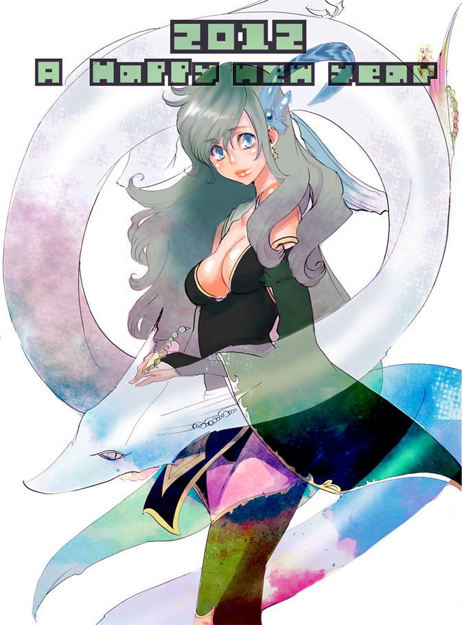 1girl 2012 aged_up blue_eyes breasts cape closed_mouth detached_sleeves dress earrings final_fantasy final_fantasy_iv green_hair hair_ornament jewelry knees_out_of_frame leviathan_(final_fantasy) long_hair looking_at_viewer masakikazuyoshi rydia_(adult)_(ff4) rydia_(ff4) simple_background smile thighhighs white_background
