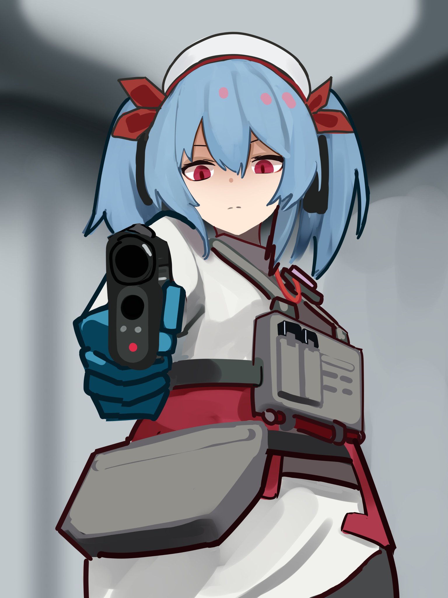 1girl blue_hair colphne_(girls&#039;_frontline_2) girls&#039;_frontline girls&#039;_frontline_2:_exilium gloves gun handgun hat jacket pocket_pistol red_eyes taurus_curve twintails weapon white_jacket
