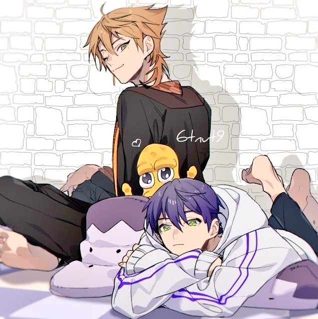 3boys 6tnut9 ahoge artist_name barefoot black_jacket black_pants brown_eyes brown_hair checkered_floor closed_mouth crossed_arms earrings expressionless feet feet_up fushimi_gaku fushimi_gaku_(1st_costume) green_eyes hair_between_eyes heart hood hood_down hoodie jacket jewelry kenmochi_touya long_sleeves looking_at_viewer looking_to_the_side lying male_focus medium_hair mode_aim mole mole_under_eye multiple_boys nijisanji on_floor on_stomach one_eye_closed pants peanuts-kun pillow purple_hair shadow short_hair single_earring sitting sleeves_past_wrists smile the_pose virtual_youtuber white_hoodie yagasuri