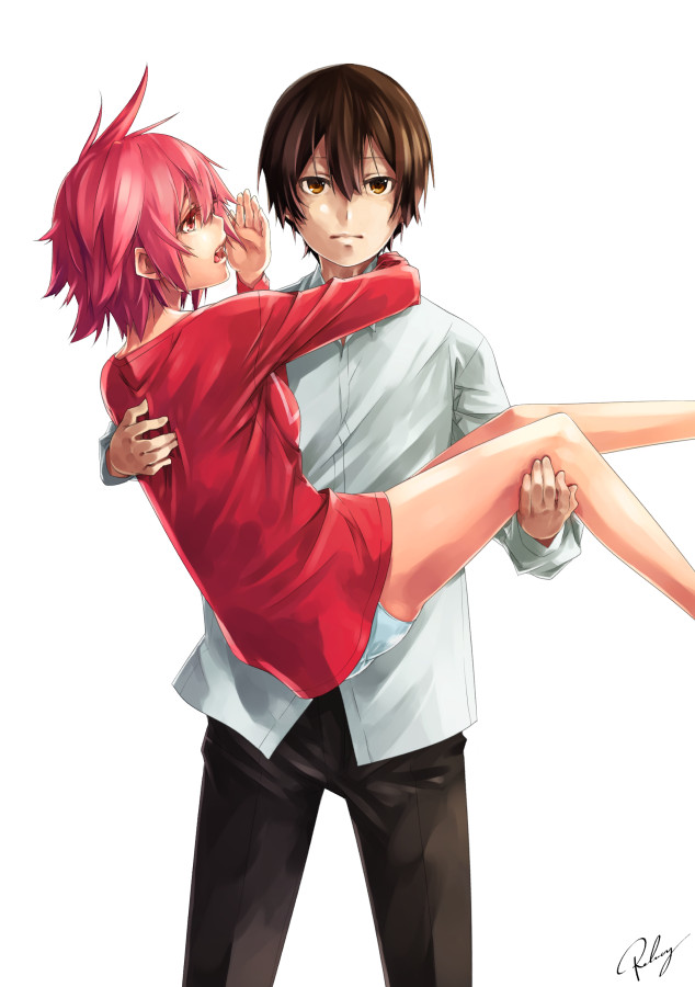 1boy 1girl brown_eyes brown_hair carrying couple my_phone nearly_naked_shirt no_pants official_art open_mouth original panties pants pink_eyes pink_hair princess_carry re_lucy shirt signature simple_background underwear whispering white_background white_panties