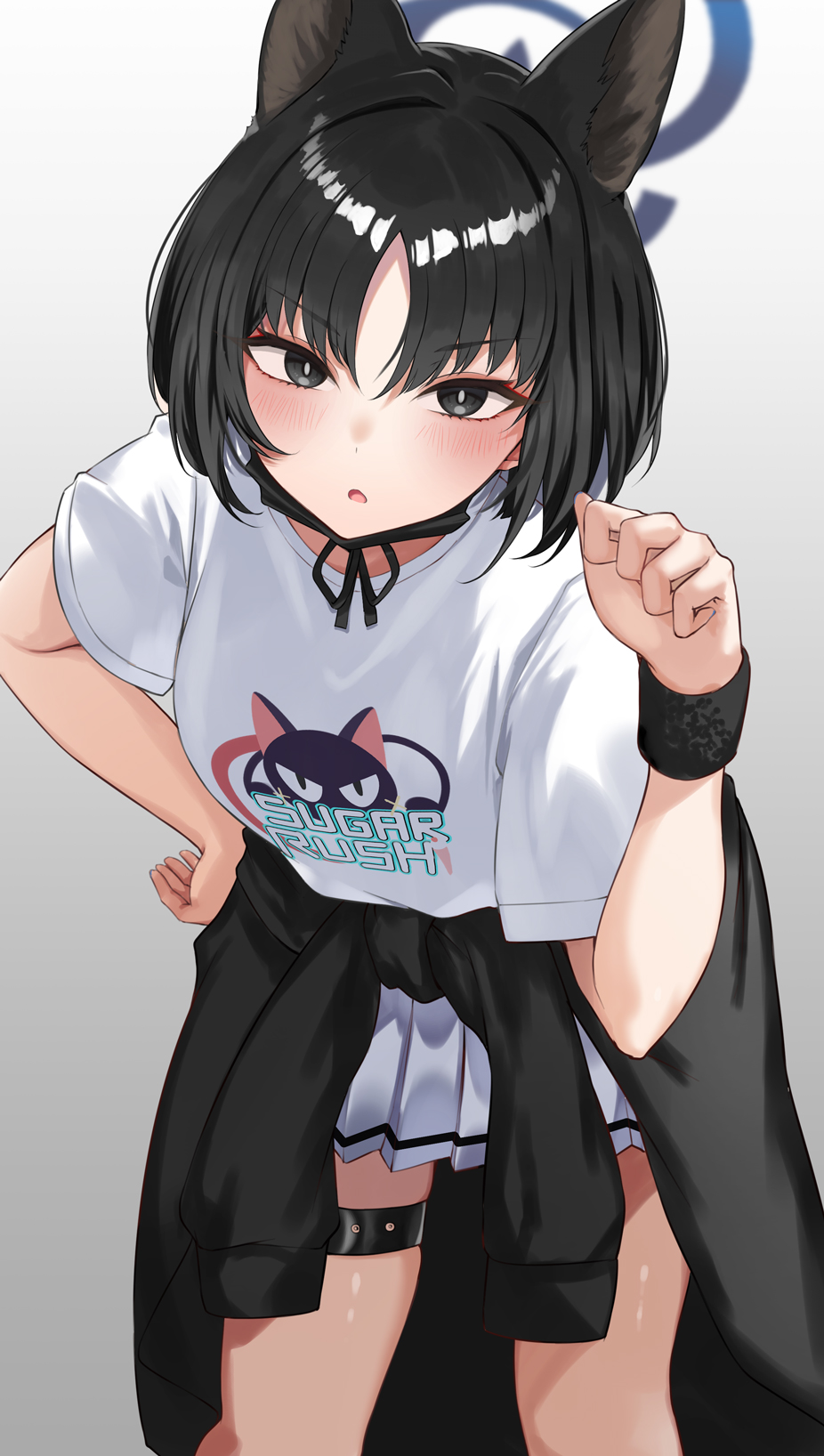 1girl animal_ears belt black_cardigan black_eyes black_hair blue_archive blue_halo cardigan cardigan_around_waist cat_ears clothes_around_waist cosplay gradient_background halo highres kazusa_(band)_(blue_archive) kazusa_(blue_archive) kazusa_(blue_archive)_(cosplay) kikyou_(blue_archive) looking_at_viewer pleated_skirt print_shirt shirt short_hair short_sleeves skirt solo standing sweatband thigh_belt thigh_strap white_shirt white_skirt yu_ni_t