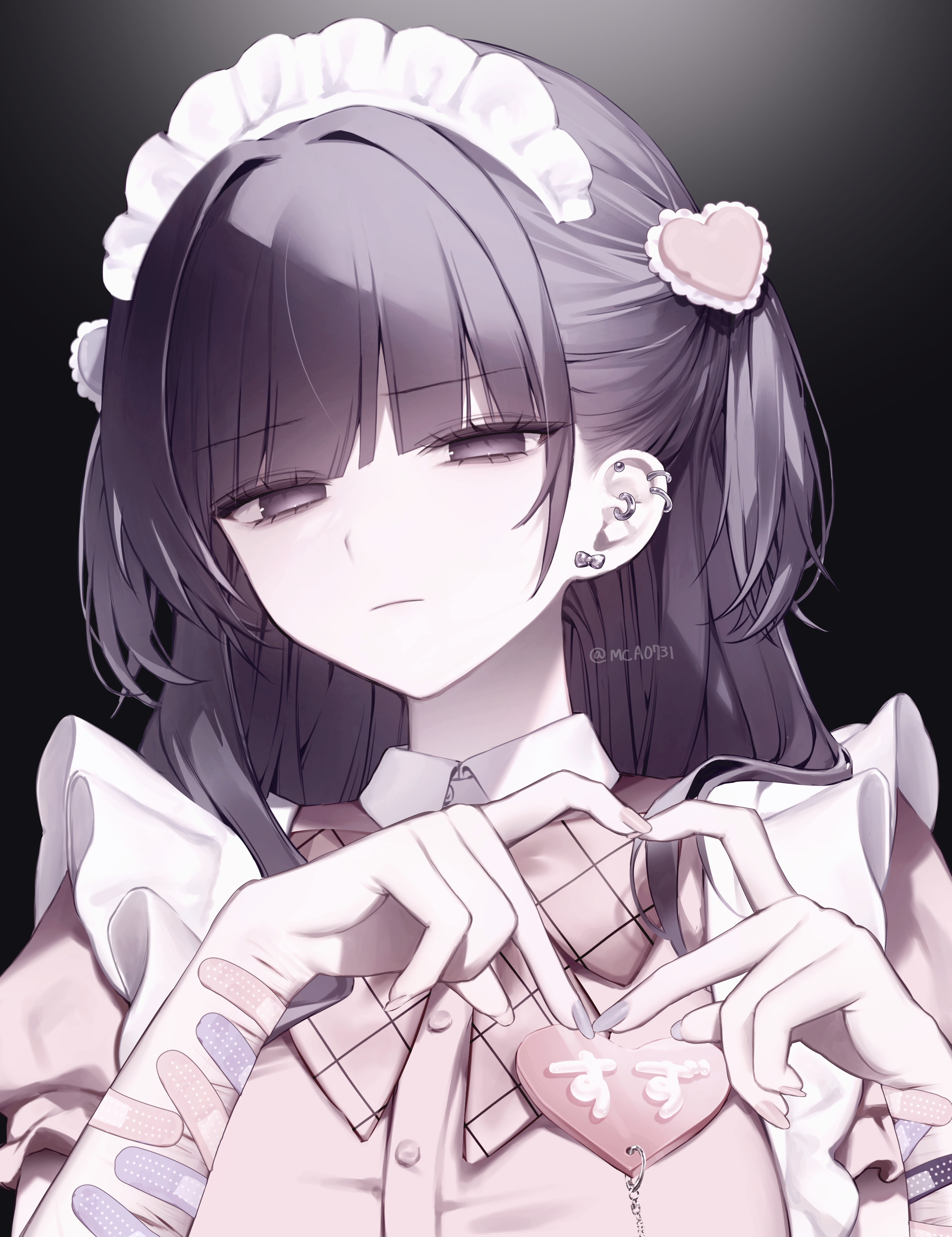 1girl absurdres apron bandaid bandaid_on_arm black_background blank_eyes bow bow_earrings closed_mouth collared_shirt ear_piercing earrings fingernails frown hair_ornament hands_up heart heart_hair_ornament heart_hands highres jewelry kumo_tabetai long_fingernails long_hair looking_at_viewer maid maid_apron maid_headdress original piercing pink_bandaid pink_shirt puffy_short_sleeves puffy_sleeves purple_eyes purple_hair self-harm_scar shirt short_sleeves sidelocks solo twintails twitter_username two_side_up upper_body