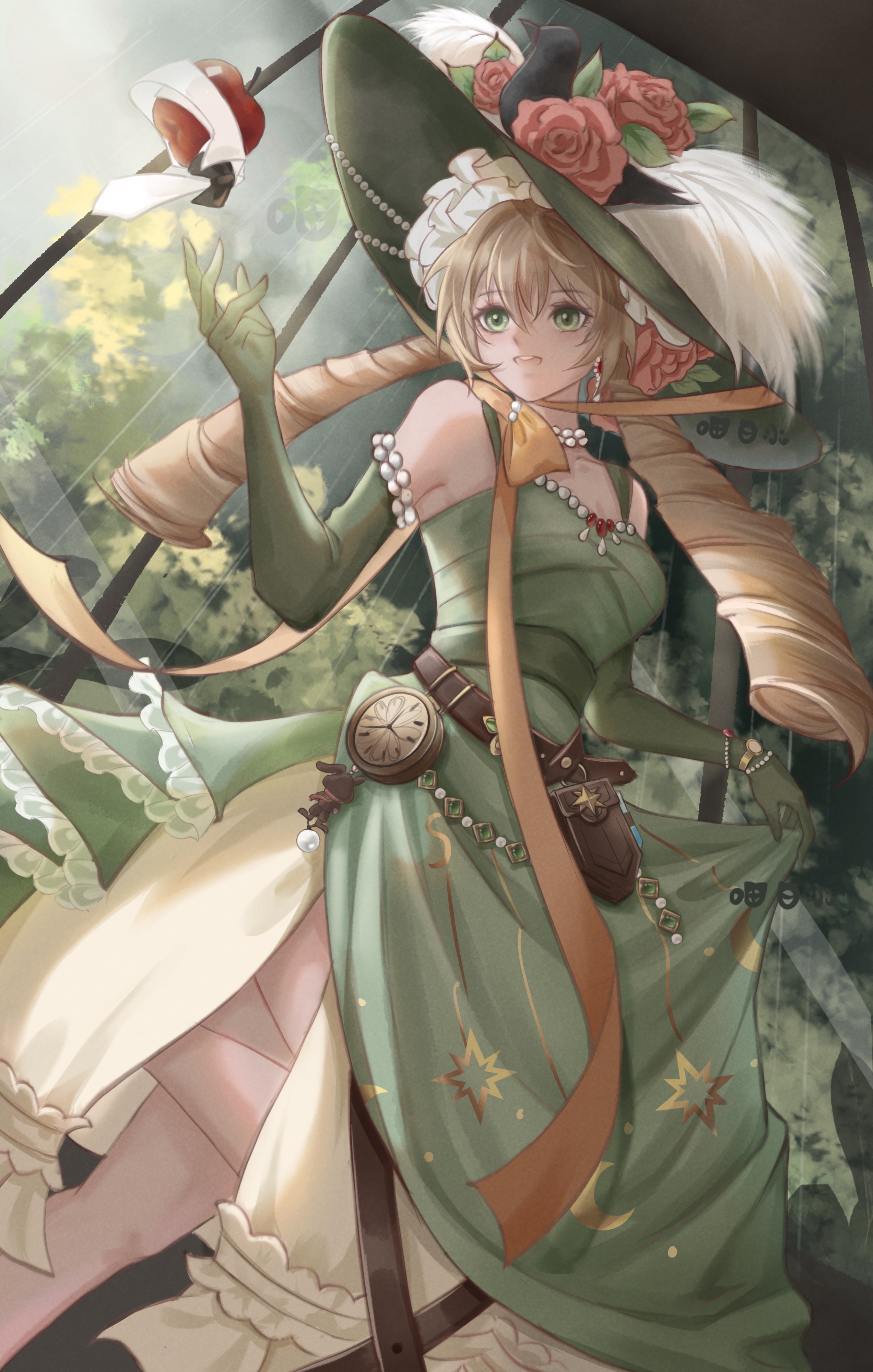 1girl :d absurdres apple apple_(reverse:1999) bare_shoulders belt belt_pouch black_bow black_bowtie blonde_hair bow bowtie brown_belt chin_strap clock dress drill_hair elbow_gloves feet_out_of_frame flower food fruit gloves green_dress green_eyes green_gloves green_hat hand_up hat hat_feather hat_flower highres indoors jewelry leg_up long_dress long_hair looking_at_another low_twintails miaobaishui necklace open_mouth orange_bow pearl_necklace picture_hat pouch red_flower reverse:1999 skirt_hold sleeveless sleeveless_dress smile solo sotheby teeth traditional_bowtie tree turning_head twin_drills twintails upper_teeth_only window