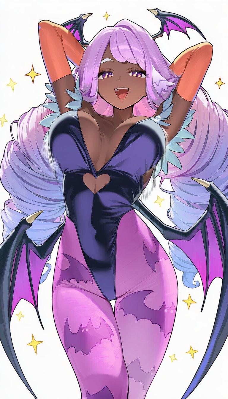 1girl ai-generated breasts cosplay dark-skinned_female dark_skin darkstalkers demon_wings highres jacinthe_(pokemon) long_hair morrigan_aensland morrigan_aensland_(cosplay) nintendo pokemon pokemon_legends:_z-a smile solo ueponzu wings