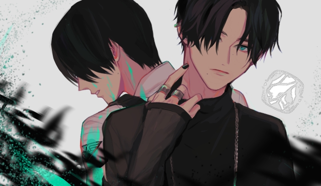 2boys angel_and_devil aqua_eyes back-to-back bat_(animal) bat_genome bishounen black_hair black_nails black_shirt blood blood_on_face commentary commentary_request fenix_uniform goth_fashion igarashi_daiji jewelry kagerou_(kamen_rider_revice) kamen_rider kamen_rider_revice male_focus military military_uniform multiple_boys multiple_rings nail_polish necklace ring see-through_clothes see-through_sleeves shaded_face shadow shirt splatter spoilers stamp_mark symbol-only_commentary upper_body vistamp yellow_eyes zo_ochi2