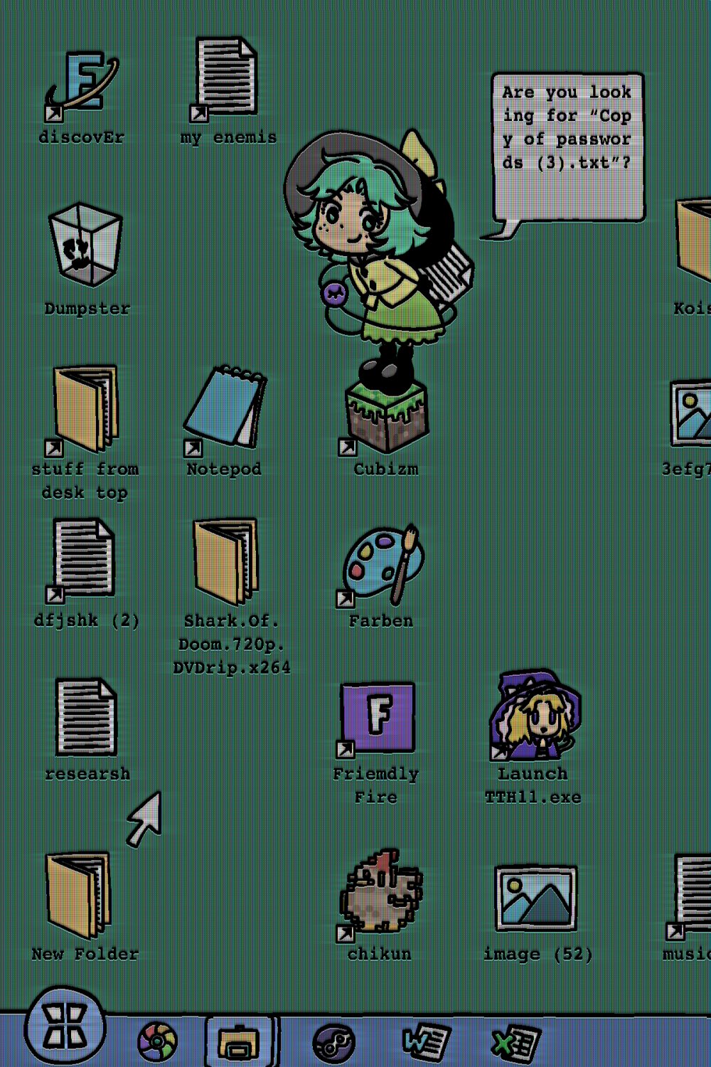 black_shoes blouse buttons chibi desktop_(computing) diamond_button english_text fake_screenshot freckles green_background green_hair green_skirt hat highres internet_explorer kirisame_marisa komeiji_koishi long_skirt long_sleeves manamanami microsoft_excel microsoft_word notepad_(windows) shirt shoes skirt speech_bubble tagme touhou wide_sleeves yellow_shirt