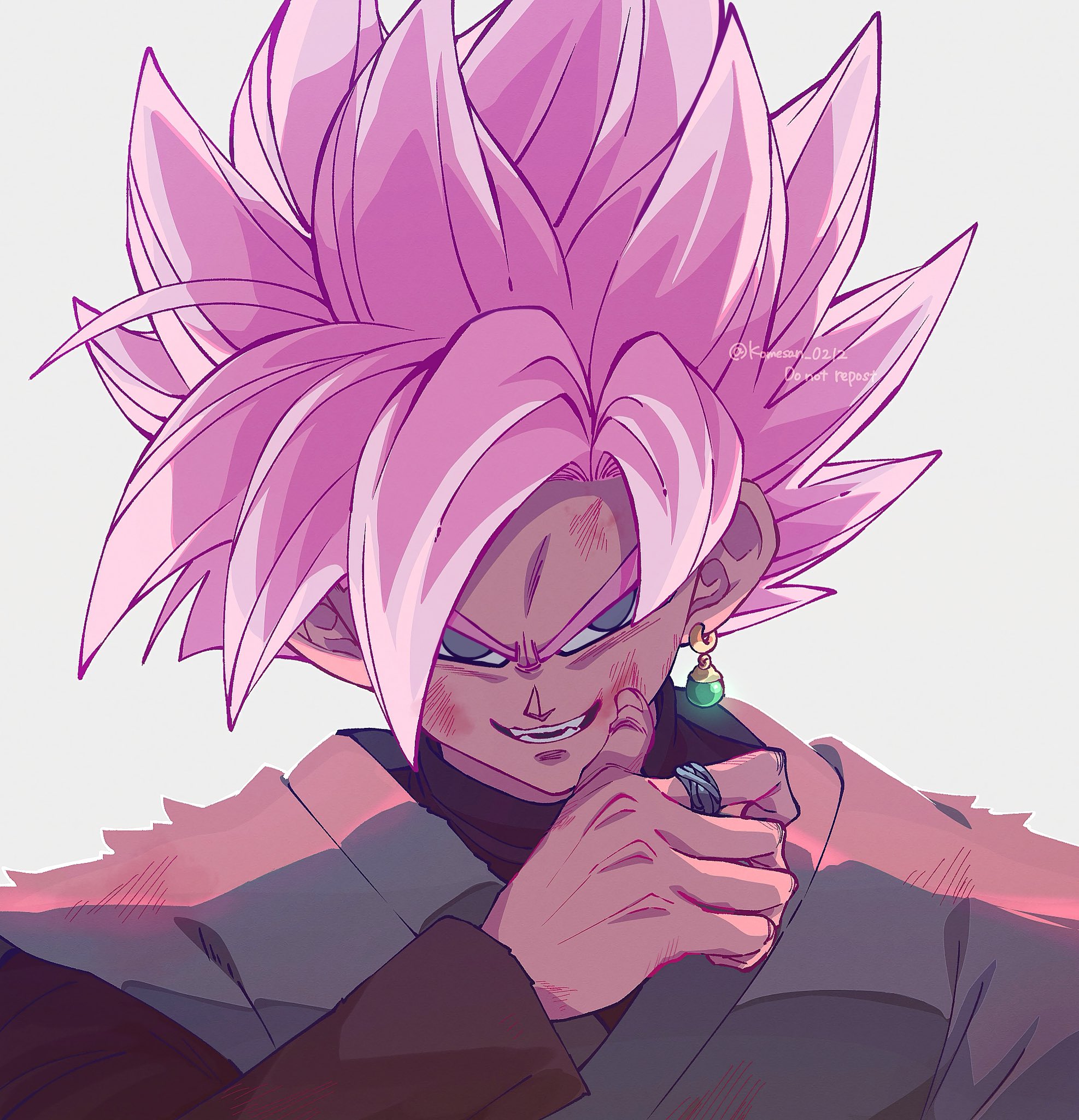 1boy battle_damage black_shirt close-up dragon_ball dragon_ball_super goku_black grey_background grey_eyes grey_tunic highres komesan_0212 male_focus medium_hair pink_hair shirt simple_background smirk solo spiked_hair tunic