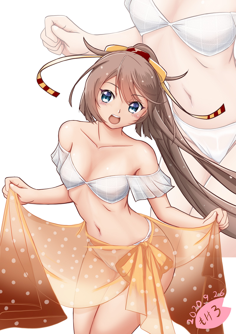 1girl artist_logo bikini breasts brown_hair collarbone commentary_request cowboy_shot dated facing_viewer grey_eyes hair_ribbon kantai_collection kazagumo_(kancolle) kazagumo_kai_ni_(kancolle) kazagumo_kai_ni_(swimsuit)_(kancolle) logo long_hair looking_to_the_side moke_ro open_mouth orange_sarong ponytail ribbon round_teeth sarong simple_background small_breasts solo standing swimsuit teeth upper_teeth_only white_background white_bikini zoom_layer