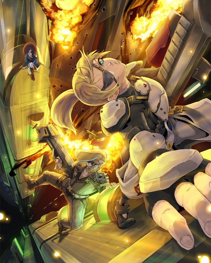 1boy 2girls arc_system_works battle blonde_hair blue_eyes blz cigar contra destruction explosion eyepatch fingerless_gloves foreshortening gloves gun hard_corps:_uprising harley_daniels katana konami krystal_(hard_corps) multiple_girls pompadour ponytail rifle sayuri_(hard_corps) sunglasses sword train weapon