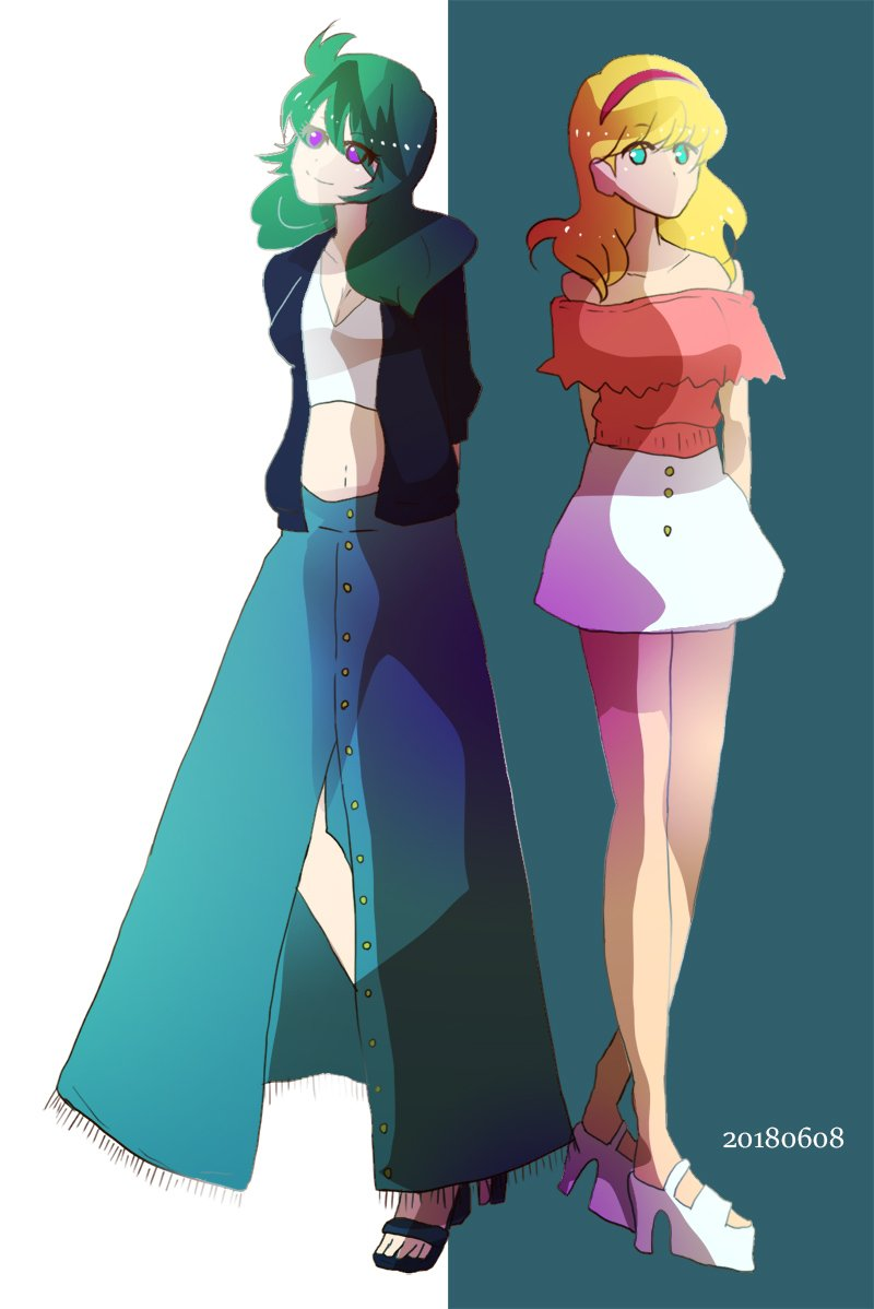2girls ahoge blonde_hair breasts cyborg cyborg_009 francoise_arnoul full_body green_eyes green_hair hair_between_eyes hairband long_hair looking_at_viewer madame_(cyborg_009) multiple_girls purple_eyes s01huu simple_background skirt smile
