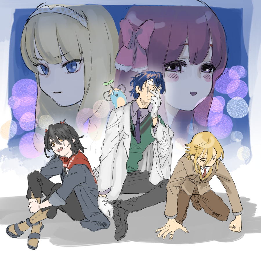 2girls 3boys all_fours amane_(dream_c_club) black_footwear black_hair black_pants blazer blonde_hair blue_eyes blue_hair blurry blush bokeh border bow brown_jacket brown_pants cigarette closed_mouth coat collared_shirt commentary_request creature creature_on_shoulder cropped_head crossed_ankles crossover crying crying_with_eyes_open defeat depth_of_field dream_c_club dream_c_club_(series) dream_c_club_zero drooling glasses gloves green_sweater hair_between_eyes hair_bow hairband haruka_(dream_c_club) head_back head_tilt holding holding_cigarette hugging_own_legs jacket koze_niire lab_coat leos_vincent leos_vincent_(1st_costume) long_hair mameneko_(leos_vincent) mashiro_meme mashiro_meme_(1st_costume) multiple_boys multiple_girls necktie nijisanji off_shoulder on_ground on_shoulder opaque_glasses open_clothes open_coat open_mouth pants pink_bow projected_inset purple_eyes purple_hair purple_necktie red_scarf scarf shirt shoes short_hair sitting smile smoking streaming_tears sweater tears uzuki_kou uzuki_kou_(3rd_costume) v-shaped_eyebrows virtual_youtuber white_border white_coat white_gloves white_hairband yellow_eyes
