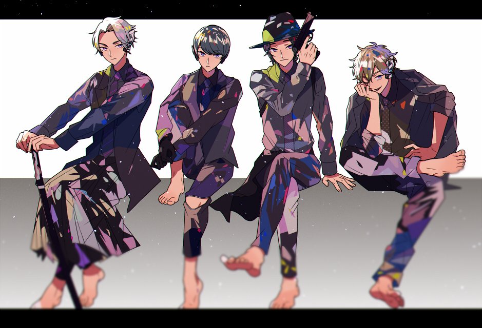 4boys alternate_costume alternate_universe android barefoot black_hair black_jacket blonde_hair blue_eyes brown_hair crossed_legs fedora gun handgun hat headphones hito01 holding holding_gun holding_weapon horobi_(kamen_rider_01) humagear_headphones ikazuchi_(kamen_rider_01) jacket jin_(kamen_rider_01) kamen_rider kamen_rider:_reiwa_the_first_generation kamen_rider_01_(series) katana knee_up multiple_boys naki_(kamen_rider_01) shirt sword weapon
