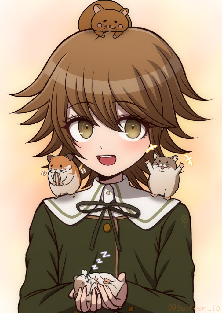 1boy :d animal artist_name brown_background brown_hair brown_ribbon cham-p danganronpa:_trigger_happy_havoc danganronpa_(series) danganronpa_2:_goodbye_despair eating flat_chest fujisaki_chihiro gradient_background green_jacket hamster_on_head hamster_on_shoulder holding holding_animal jacket jum-p maga-g neck_ribbon open_mouth ribbon shirt short_hair sleeping smile suiren_yurei sun-d white_shirt zzz