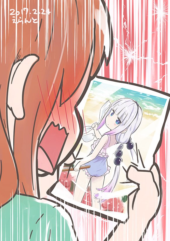 10s 1girl 2017 artist_name beach blue_eyes blush bohegao brown_hair casual_one-piece_swimsuit commentary dated electricity errant female_focus frilled_swimsuit frills from_behind green_shirt holding holding_phone jpeg_artifacts kanna_kamui kobayashi-san_chi_no_maidragon light_purple_hair looking_back one-piece_swimsuit open_mouth phone photo_(object) saikawa_riko shirt signature slit_pupils solo suikawari swimsuit unworn_blindfold wavy_mouth yuri