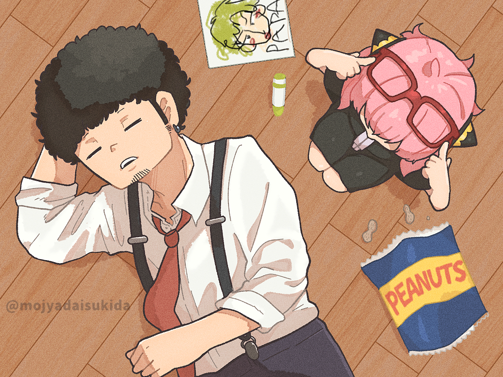 1boy 1girl afro anya_(spy_x_family) black_pants child closed_eyes crayon facial_hair franky_franklin from_above hairpods hands_up indoors necktie ouka_(gegege_853suki) pants peanut pink_hair red_necktie shirt sidelocks sitting sleeping snack spy_x_family stubble suspenders twilight_(spy_x_family) white_shirt wooden_floor