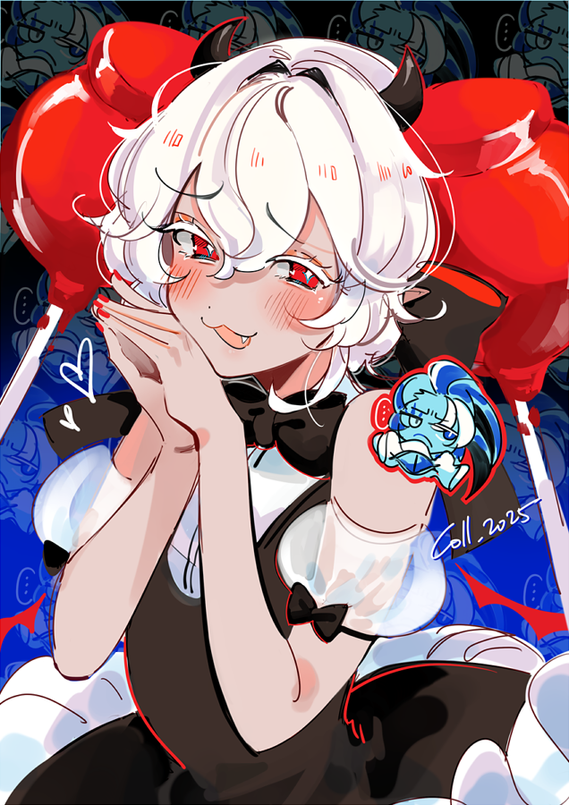 1boy 1girl black_bow black_bowtie black_dress blue_eyes blue_skin bow bowtie candy_apple candy_apple_cookie coll_(erichankun) colored_skin cookie_run cookie_run:_kingdom dress food hat humanization jester_cap long_hair long_sleeves looking_at_viewer neck_ruff open_mouth puffy_long_sleeves puffy_sleeves red_eyes shadow_milk_cookie short_hair smile white_hair