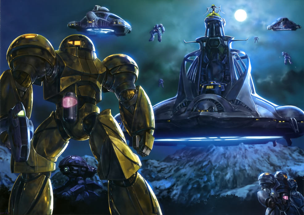 aircraft artist_request beam_cannon beam_rifle cloud color_variation energy_gun fleet gundam gundam_perfect_file machinery mecha mecha_focus mobile_suit moon mountainous_horizon night no_humans official_art painting_(medium) realistic robot scan science_fiction spacecraft sumo_(mobile_suit) traditional_media turn_a_gundam wadom weapon