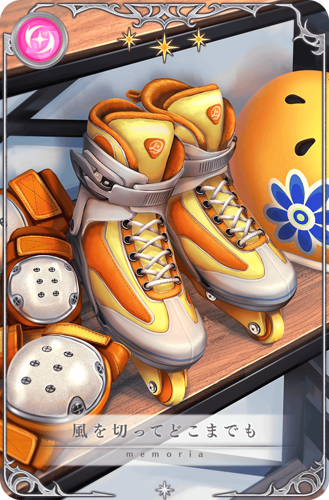 card_(medium) cross-laced_footwear floral_print game_cg helmet indoors knee_pads magia_record:_mahou_shoujo_madoka_magica_gaiden mahou_shoujo_madoka_magica no_humans object_focus official_art orange_helmet orange_shoes picture_frame roller_skates shelf shoes skates star_(symbol) translated tsuduki_neko unworn_headwear unworn_helmet unworn_shoes