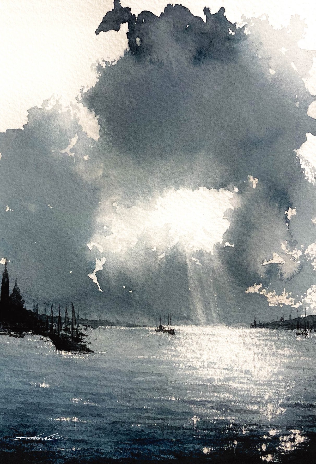 cloud cloudy_sky glint highres no_humans ocean original painting_(medium) port satoshi_okano sky traditional_media watercolor_(medium)