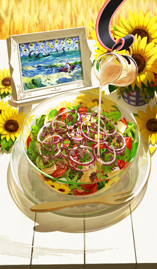 akitaken_(non_faciem) bowl commentary fate/grand_order fate_(series) flower food food_focus food_request fork impressionism martha_(fate) no_humans official_art onion_rings painting_(object) picture_frame pouring salad still_life sunflower tarasque_(fate) third-party_source tomato tomato_slice yellow_flower