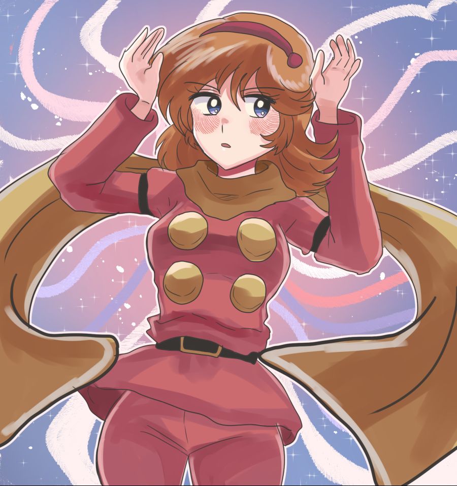 1girl belt black_belt blonde_hair blue_eyes blush coat commentary cyborg_009 francoise_arnoul hair_over_face hairband hands_on_own_head ing&#039;yeo_soyeo long_eyelashes long_hair looking_at_another pants red_coat red_hairband red_pants scarf straight_hair upper_body yellow_scarf