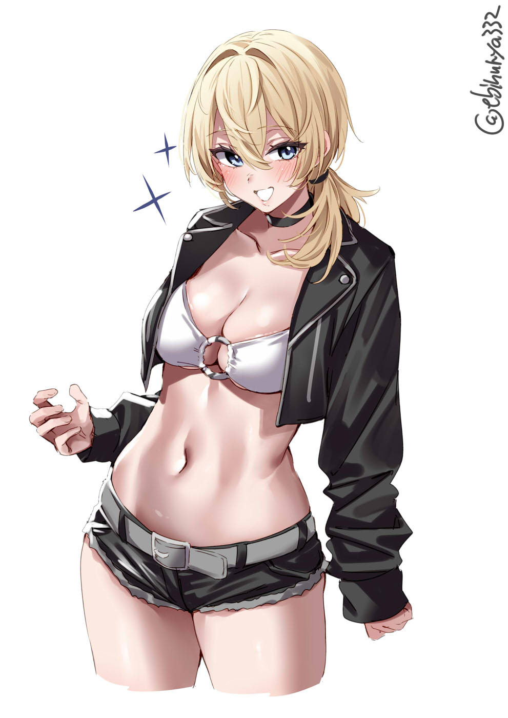1girl alternate_costume belt blonde_hair blue_eyes blush breasts cleavage commentary_request crop_top cropped_legs ebifurya full_body grey_belt hair_between_eyes highres jacket kantai_collection large_breasts looking_at_viewer medium_hair navel short_shorts shorts simple_background smile solo stomach tuscaloosa_(kancolle) twitter_username white_background