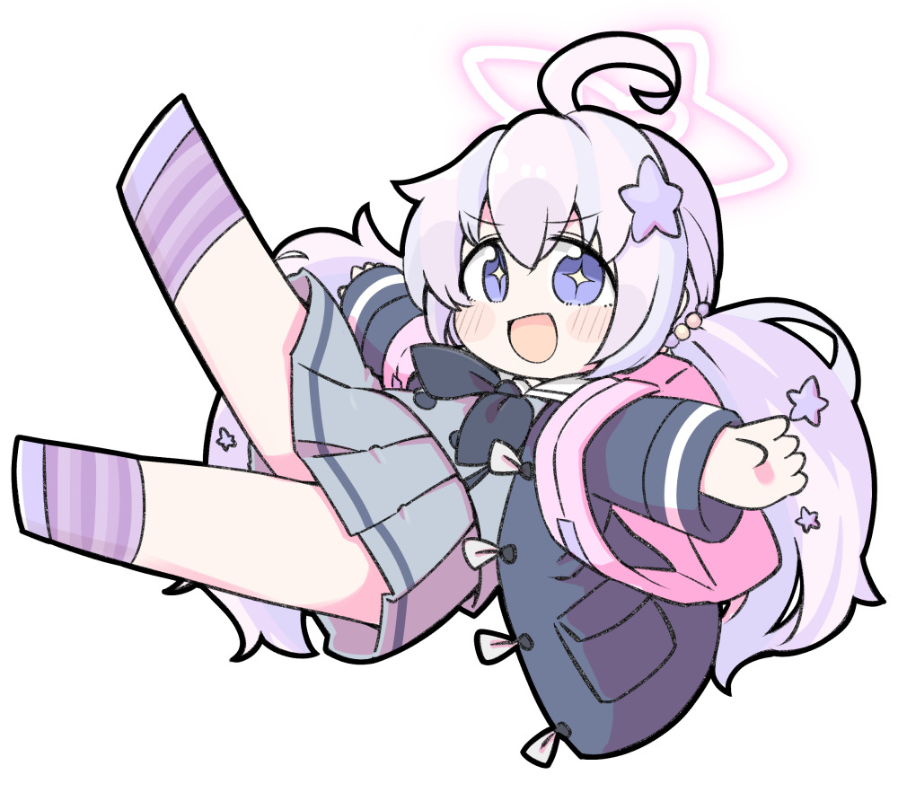 +_+ 1girl :d ahoge backpack bag black_jacket black_neckerchief blue_archive blush_stickers chibi full_body grey_serafuku grey_shirt grey_skirt hair_between_eyes hair_ornament halo jacket looking_at_viewer low_twintails miranofuudoria multicolored_hair neckerchief open_clothes open_jacket open_mouth outstretched_arms pink_hair pleated_skirt purple_eyes purple_hair purple_shoes reisa_(blue_archive) sailor_collar school_uniform serafuku shirt shoes simple_background skirt sleeves_past_wrists smile socks solo spread_arms star_(symbol) star_hair_ornament streaked_hair striped_clothes striped_socks twintails white_background white_sailor_collar