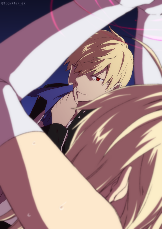 1boy 1girl artoria_pendragon_(fate) black_jacket blonde_hair blurry blurry_foreground bound bound_wrists commentary_request dutch_angle elbow_gloves fate/stay_night fate/unlimited_blade_works fate_(series) gilgamesh_(fate) gilgamesh_(immoral_biker_jacket)_(fate) gloves hair_over_one_eye holding holding_ribbon jacket moonlight_0423 red_eyes ribbon saber_(fate) smile sweat twitter_username white_gloves