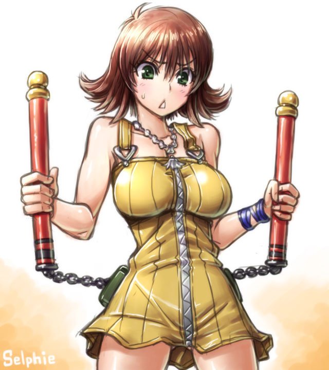 1girl amania_orz breasts brown_hair dress final_fantasy final_fantasy_viii flipped_hair gluteal_fold green_eyes jewelry large_breasts looking_at_viewer necklace nunchaku open_mouth selphie_tilmitt short_hair skirt solo weapon yellow_dress zipper_dress