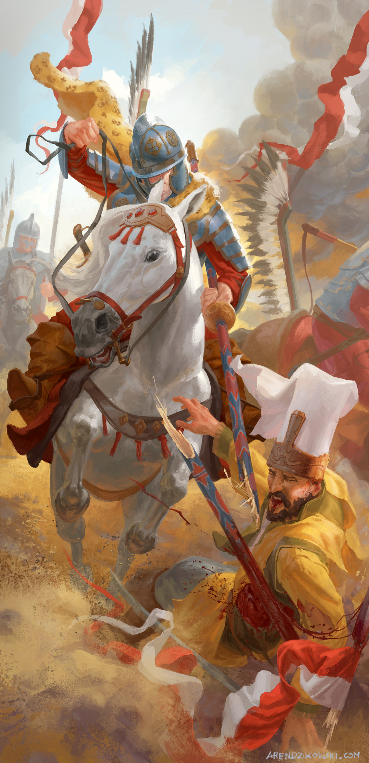 1boy 2others absurdres animal armor banner barding battle battle_standard bleeding blood blood_on_clothes blood_splatter blood_spray bloody_weapon boots broken brown_bag brown_footwear cape closed_eyes commentary cross cross_print day dirt dust english_commentary facial_hair fighting flag flagpole grey_helmet grey_pants helmet highres holding holding_flag holding_reins holding_weapon horse horseback_riding hussar imminent_injury impaled injury lance long_sleeves looking_away medieval multiple_others open_mouth original pants polearm reins riding robe saber_(weapon) scenery screaming sky smoke sword teeth two-tone_headwear violence war_flag warrior watermark weapon web_address white_headwear white_horse wildheadache winged_hussar yellow_cape yellow_robe