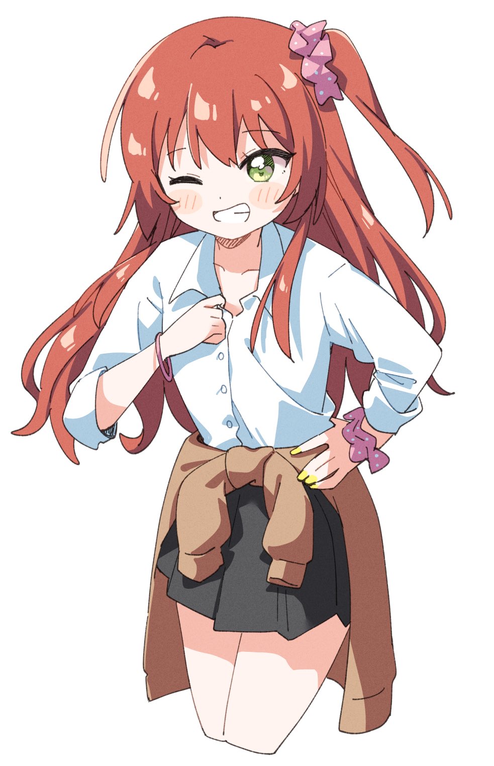 1girl bare_legs black_skirt blush_stickers bocchi_the_rock! brown_jacket clothes_around_waist commentary cowboy_shot cropped_legs dot_nose green_eyes grin gyaru hair_ornament hair_scrunchie hand_on_own_hip haru_(konomi_150) highres jacket jacket_around_waist kita_ikuyo kogal long_hair long_sleeves looking_at_viewer nail_polish one_eye_closed one_side_up pink_scrunchie pleated_skirt red_hair scrunchie shirt simple_background skirt smile solo white_background white_shirt wing_collar wrist_scrunchie yellow_nails