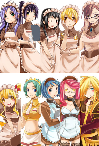 1boy 6+girls adjusting_eyewear alty_(ragnarok_online) apron bishounen black_eyes black_hair black_legwear blonde_hair blossom_(ragnarok_online) blue_eyes blue_hair breasts brown_dress brown_eyes brown_hair clipboard closed_mouth coat collared_dress collared_shirt commentary_request cowboy_shot crop_top curly_sue dress garter_straps glasses gloves green_eyes green_hair hair_between_eyes hair_over_one_eye hand_on_own_cheek hand_on_own_face high_ponytail holding holding_clipboard jasmine_(ragnarok_online) kafra_uniform kiri_nada leilah_(ragnarok_online) long_hair looking_at_viewer lowres lyrus_(ragnarok_online) maid maid_headdress medium_breasts medium_hair midriff miniskirt multiple_girls navel necktie one_eye_closed open_mouth orange_shirt orange_skirt own_hands_together parted_bangs pavianne_(ragnarok_online) pink_hair ponytail puffy_short_sleeves puffy_sleeves purple_hair ragnarok_online red_coat roxie_(ragnarok_online) sampaguita_(ragnarok_online) semi-rimless_eyewear shirt short_hair short_sleeves sidelocks simple_background skirt sleeveless sleeveless_shirt small_breasts smile swept_bangs tare_zonda thighhighs twintails under-rim_eyewear waist_apron white_apron white_background white_gloves white_necktie yellow_eyes