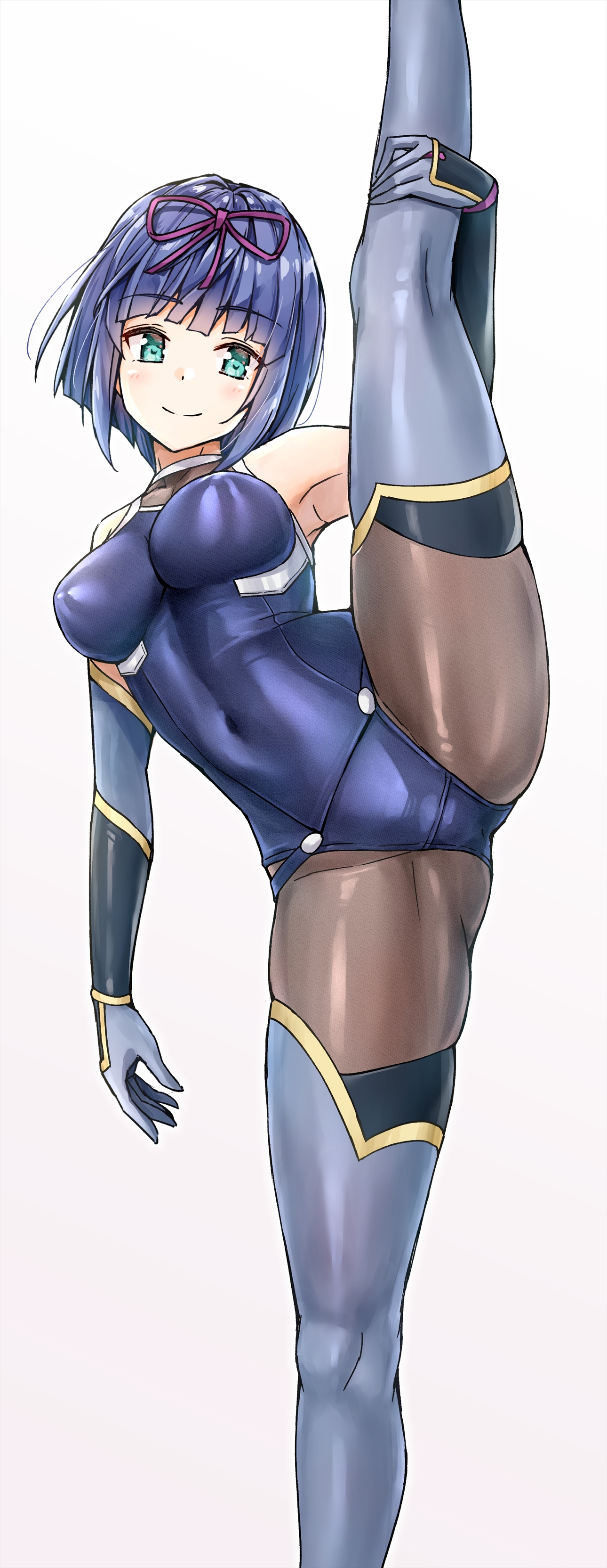 1girl absurdres aqua_eyes arm_guards arm_up armpits bare_shoulders blue_hair blue_one-piece_swimsuit blunt_bangs blush bob_cut breasts brown_thighhighs closed_mouth competition_school_swimsuit covered_erect_nipples covered_navel elbow_gloves gloves grey_gloves grey_thighhighs hair_ribbon highres impossible_clothes impossible_swimsuit izumi_hina_(neet_kunoichi) koyuki_(kotatsu358) leg_up looking_at_viewer medium_breasts neet_de_otaku_na_kunoichi_to_naze_ka_dousei_hajimemashita ninja one-piece_swimsuit paid_reward_available pantyhose pantyhose_under_swimsuit purple_ribbon ribbon school_swimsuit smile solo split spread_legs standing standing_on_one_leg standing_split swimsuit thighhighs