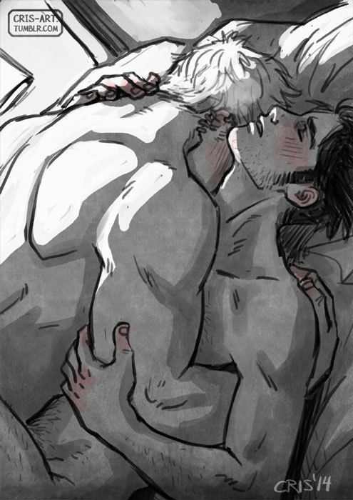 2boys anal arm_hair bad_id bad_tumblr_id bara black_hair blonde_hair blush completely_nude couple cris_art facial_hair hand_on_another&#039;s_arm hand_on_another&#039;s_neck hulkling implied_anal implied_sex kiss kissing_neck leg_hair long_sideburns lying lying_on_person male_focus male_penetrated marvel missionary multiple_boys muscular muscular_male nude on_back on_bed out-of-frame_censoring sex short_hair sideburns sideburns_stubble sparse_stubble spot_color stubble thick_eyebrows wiccan yaoi