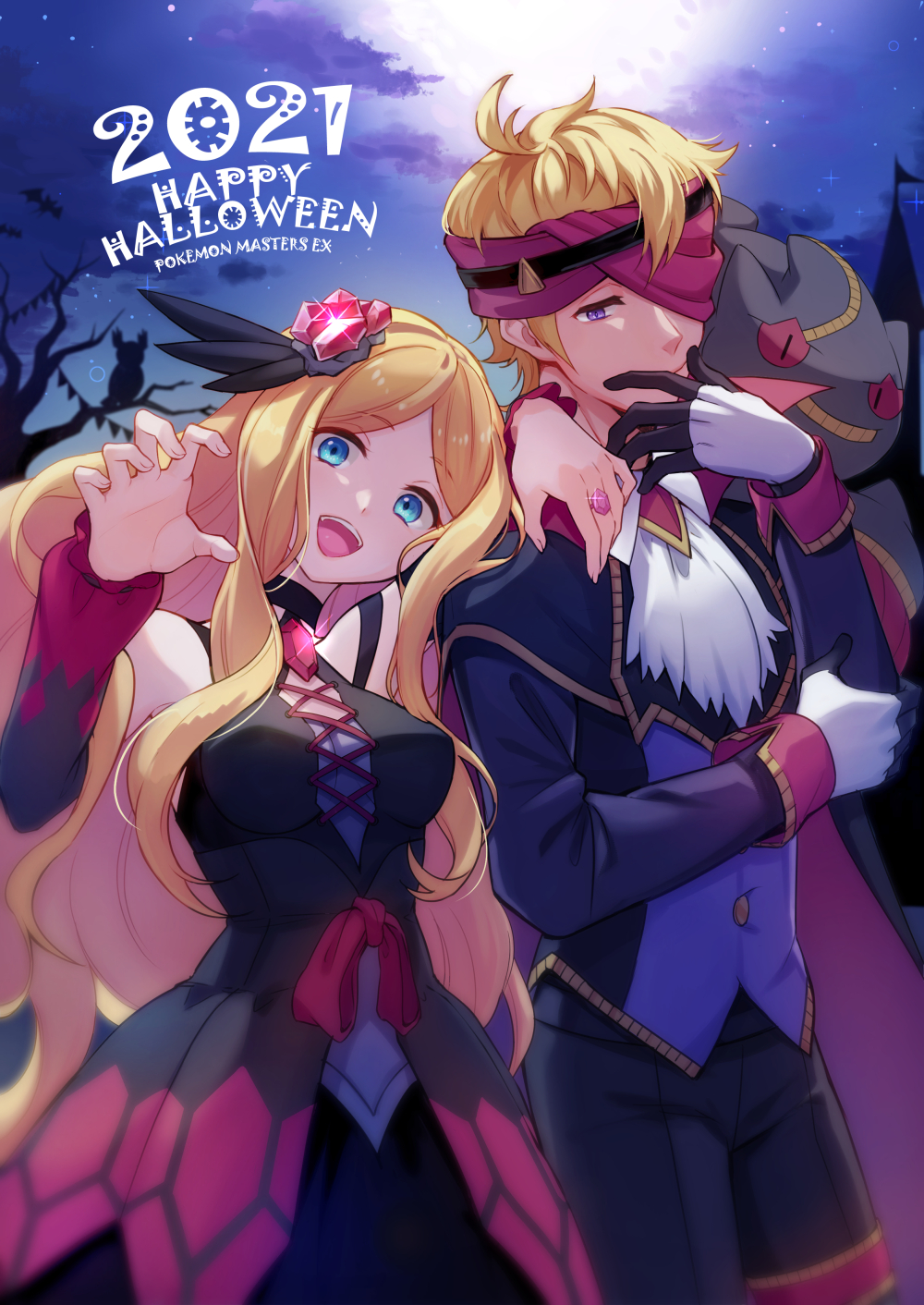 1boy 1girl 2021 banette bare_shoulders blonde_hair blue_eyes caitlin_(fall_2021)_(pokemon) caitlin_(pokemon) chen_(1717) closed_mouth cloud commentary_request copyright_name detached_sleeves game_freak gen_1_pokemon gen_2_pokemon gen_3_pokemon gloves hair_ornament hand_up happy_halloween highres long_hair long_sleeves mega_banette mega_pokemon morty_(fall_2021)_(pokemon) morty_(pokemon) night nintendo noctowl official_alternate_costume outdoors pokemon pokemon_(creature) pokemon_masters_ex purple_eyes short_hair sidelocks sky zubat