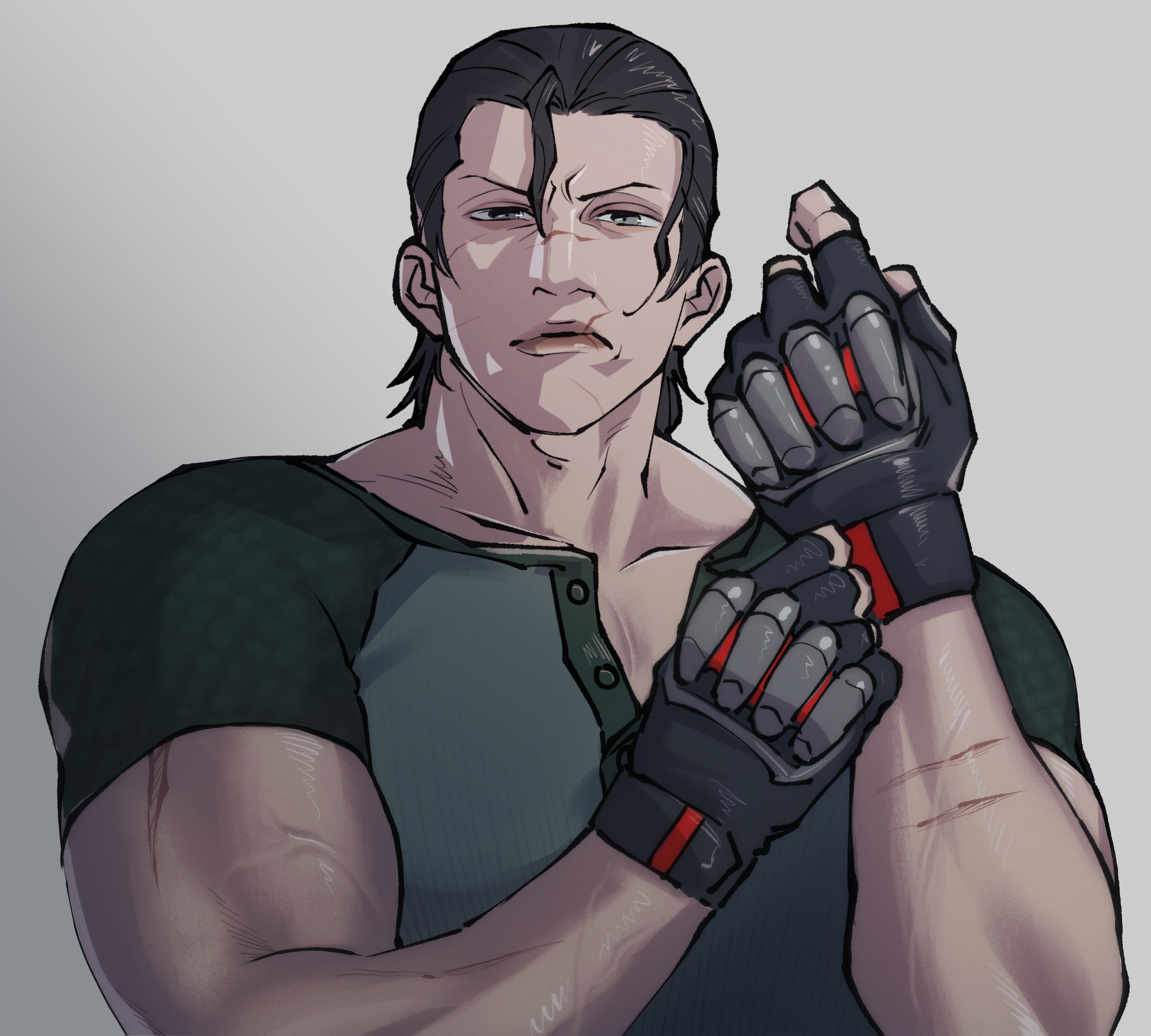 1boy absurdres black_gloves black_hair fingerless_gloves frown furrowed_brow gloves green_shirt grey_background grey_eyes guest_art highres looking_at_viewer male_focus muscular muscular_male non-web_source official_art raglan_sleeves scar scar_on_face scar_on_mouth scar_on_nose sergei_dragunov shirt short_hair short_sleeves simple_background solo tekken tekken_8 upper_body uto_oshi