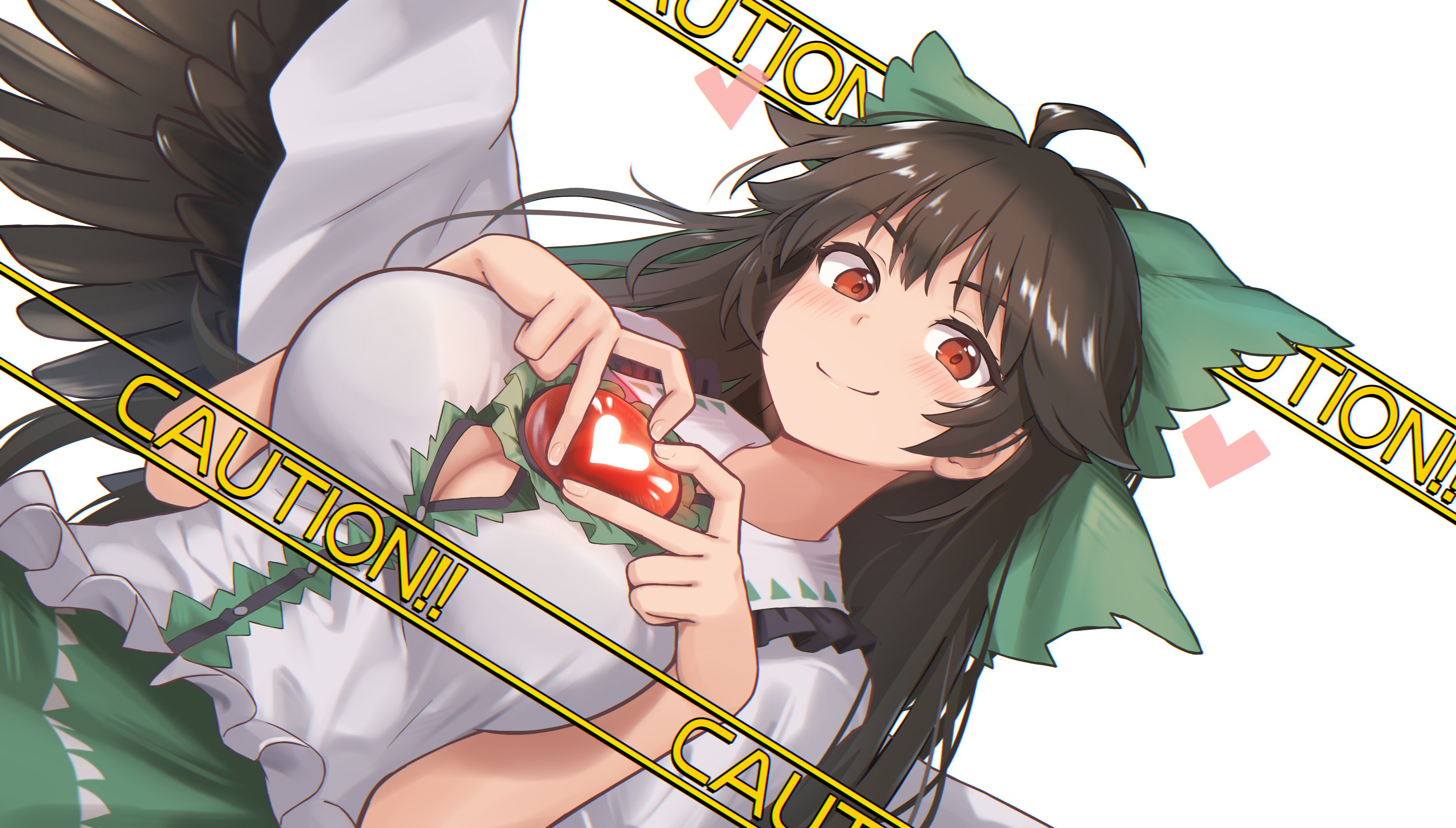1girl four-finger_heart_hands absurdres black_wings blush bow breasts brown_hair caution cleavage closed_mouth collared_shirt commentary_request feathered_wings frilled_shirt_collar frills green_bow green_skirt hair_bow heart heart_hands highres large_breasts long_hair looking_at_viewer red_eyes reiuji_utsuho shiratsuki_shiori shirt short_sleeves simple_background skirt smile solo third_eye touhou upper_body white_background white_shirt wings